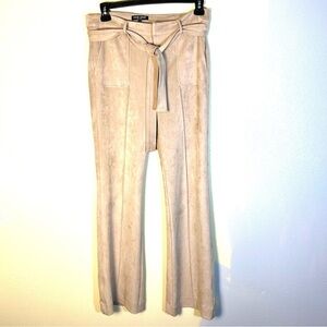 DAVID LERNER Stela Beige Faux Suede Flare Leg Trouser Pants Belt Front Seam Sz L